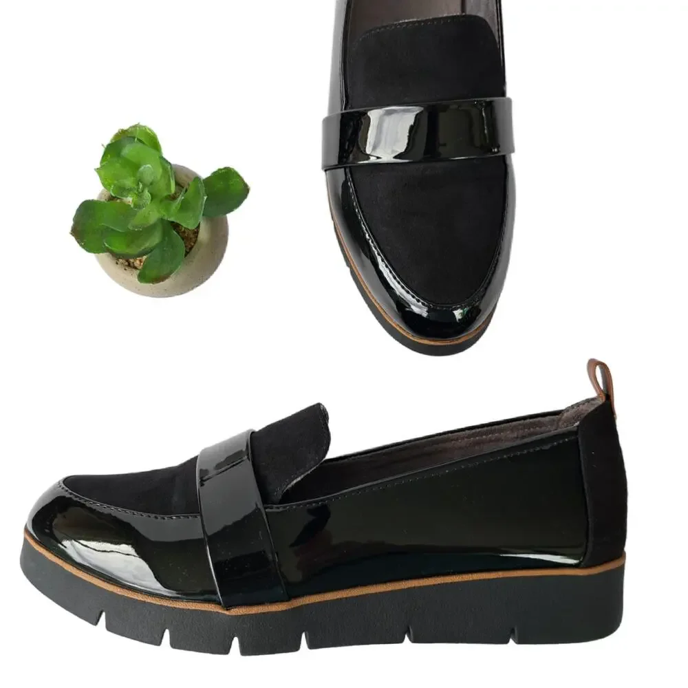 Dr. Scholl's Webster Slip On Platform Loafers Sz 9 Black Faux Patent/Microfiber